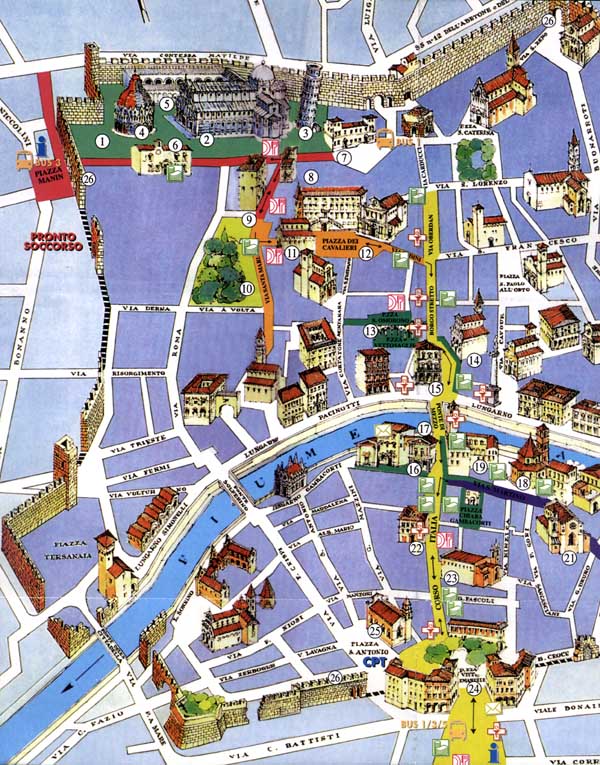 Mapa y plano del centro del centro de Pisa