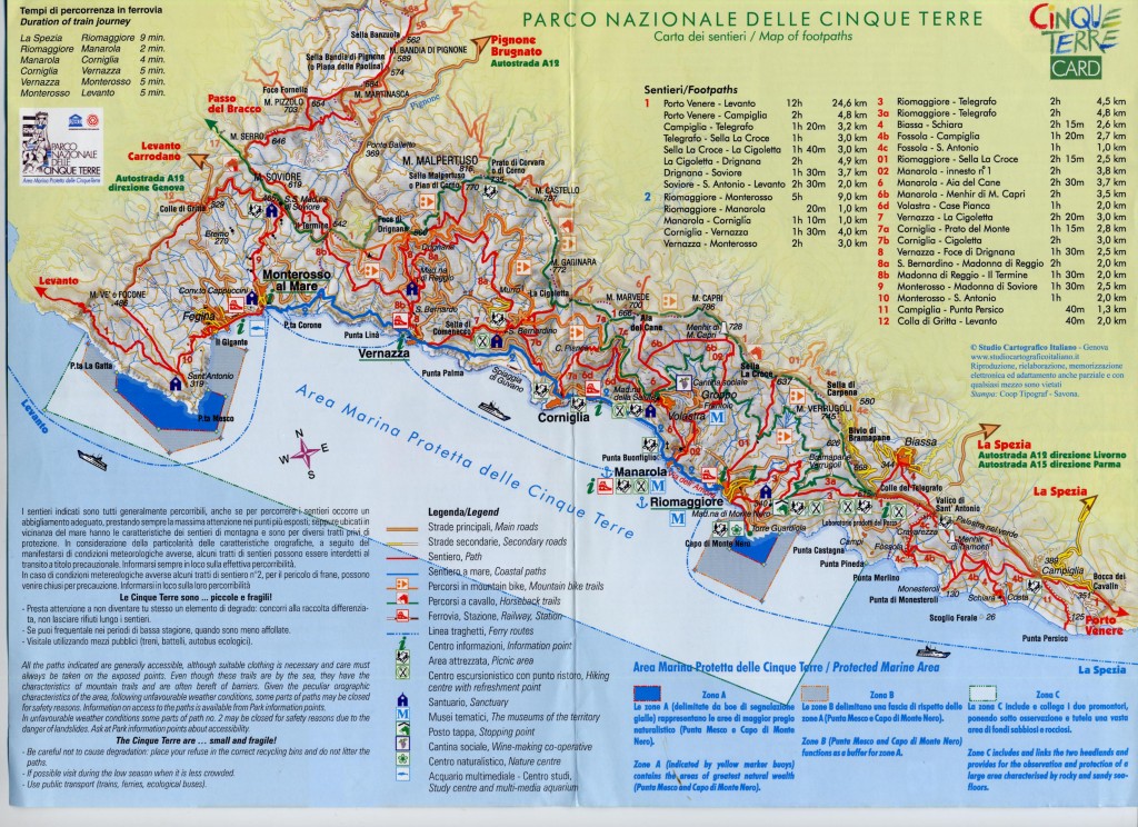 Mapa de las rutas del Parque de Cinque Terre. Pase Cinque Terre Card