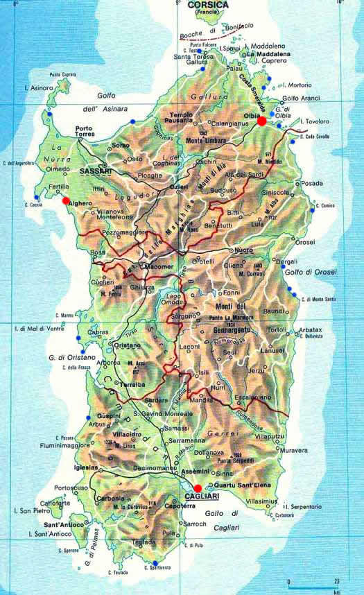 Mapa geográfico de Cerdeña