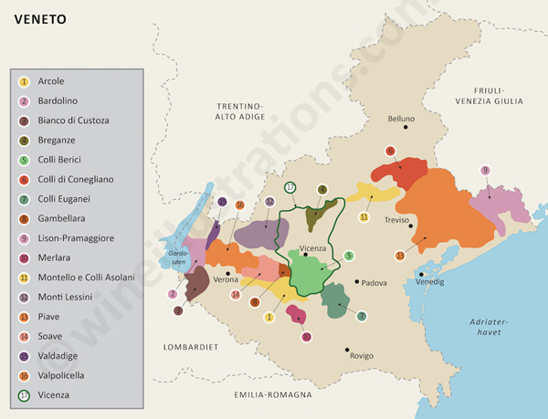 Mapa de las regiones de vinos del Veneto
