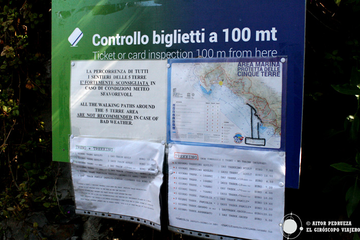 Panel que indica el comienzo del recorrido a pié entre los pueblos de Cinque Terre