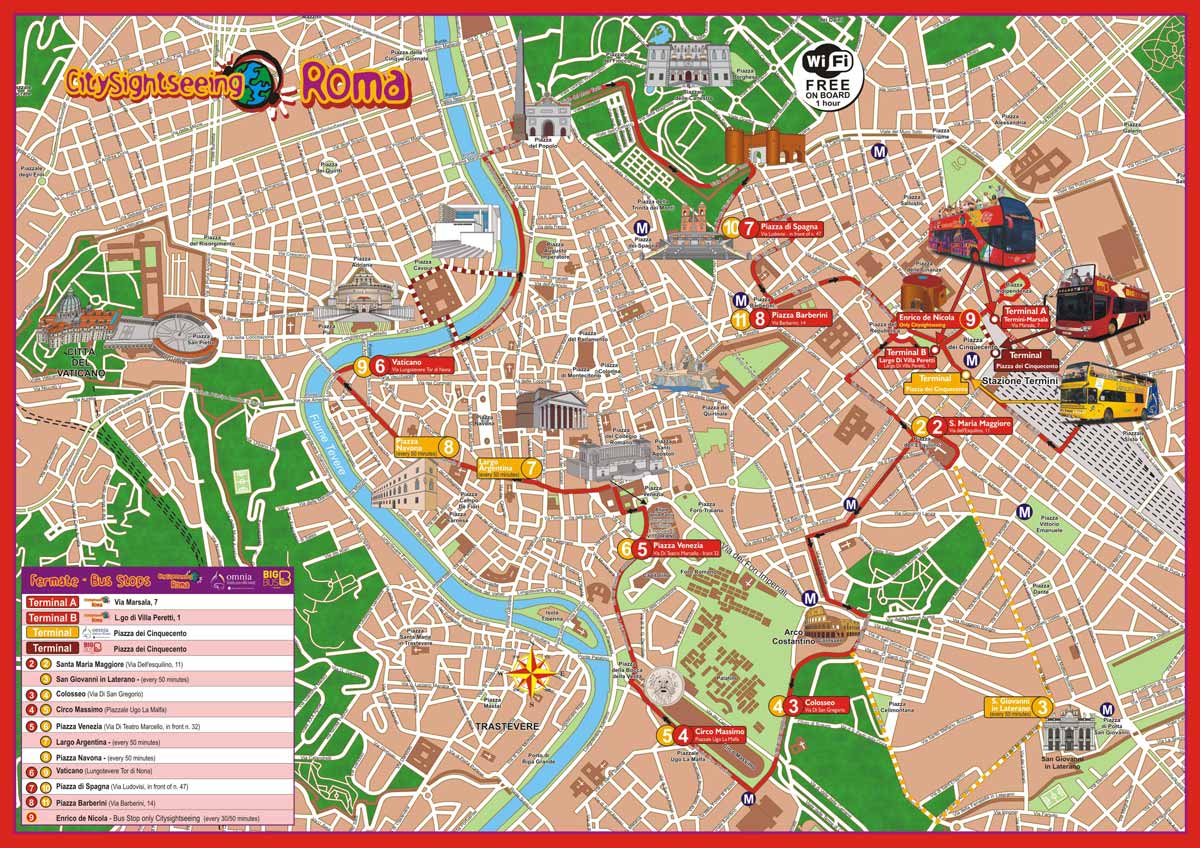 Mapa con el recorrido del Autobús turístico de Roma
